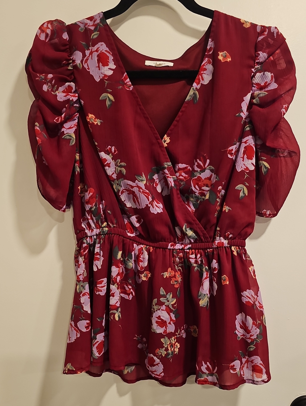 Like New Maurices Burgundy  Floral Wrap Peplum Puff Sleeves Top